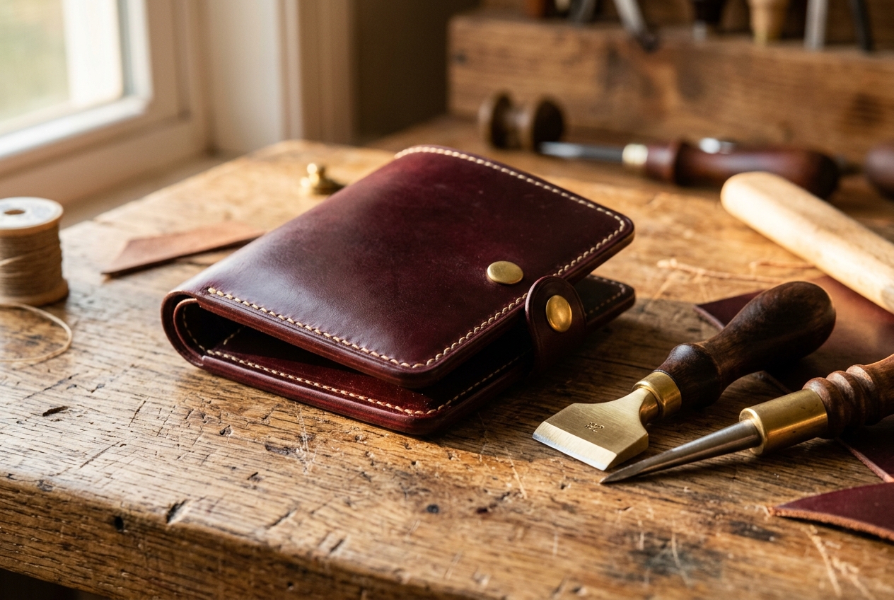 Handcrafted Shell Cordovan wallet and edge beveling tools on rustic workbench